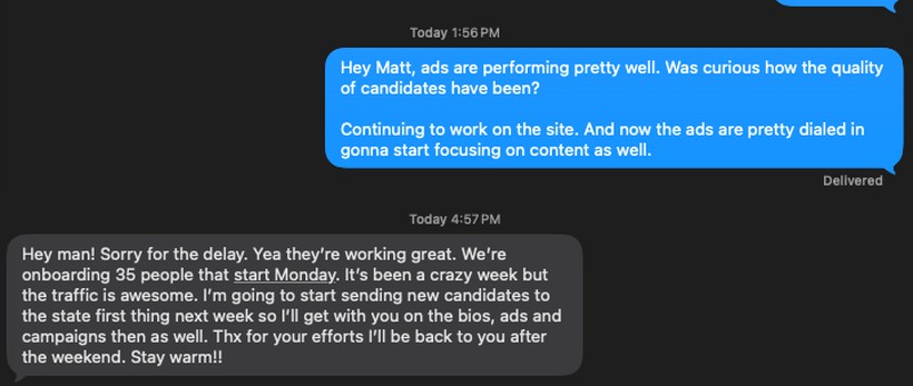 Client text: the ads are performing pretty well and traffic is awesome